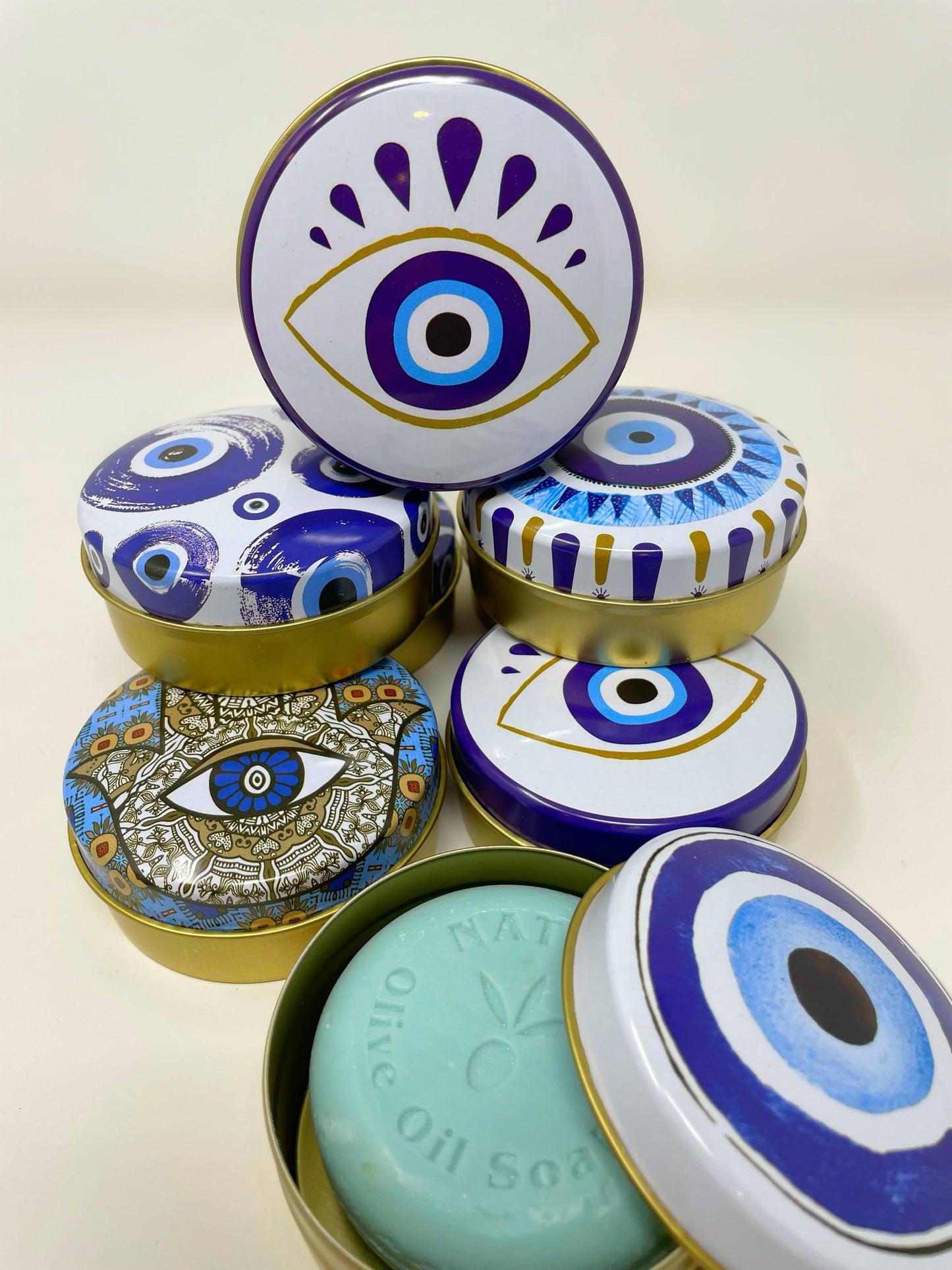 Natural Olive Oil Soap in Metal Box Evil Eye Design